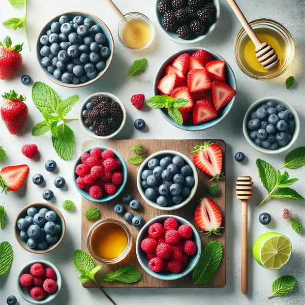 Fresh ingredients for a mixed berry and mint salad, including strawberries, blueberries, raspberries, blackberries, chopped mint, honey, lemon zest, and lemon juice, arranged on a kitchen counter.