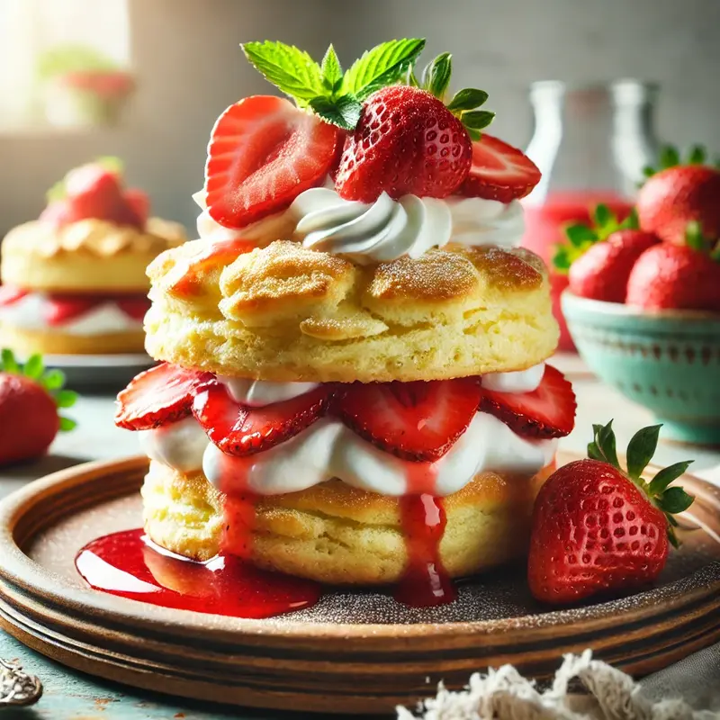 A golden, flaky Strawberry Shortcake layered with fresh strawberries and fluffy whipped cream, served on a rustic wooden plate with extra strawberries and a drizzle of strawberry sauce.