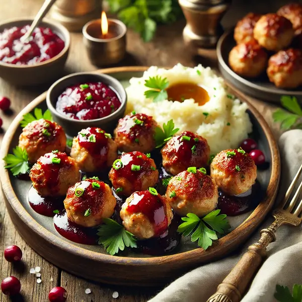 Turkey meatballs served as an appetizer with toothpicks, glazed with cranberry sauce and garnished with green onions. Arranged on a wooden platter with a cozy, inviting presentation.
