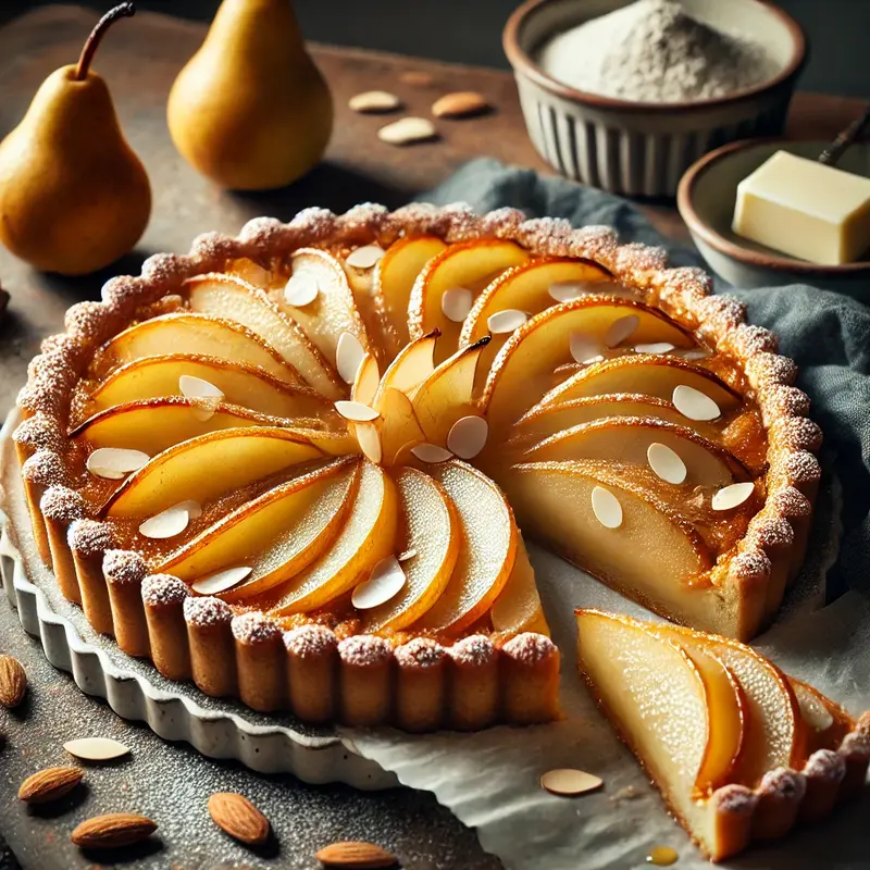 Golden pear almond tart with caramelized pears, flaky crust, and frangipane filling, dusted with powdered sugar on a rustic table.