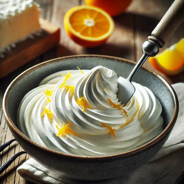 A mixing bowl with whipped heavy cream forming soft peaks, as a spatula folds in fresh orange zest and orange juice, creating a smooth and citrus-infused mixture.