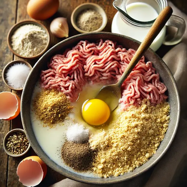 A large mixing bowl filled with ground turkey, breadcrumbs, a cracked egg, milk, garlic powder, onion powder, salt, and black pepper. A wooden spoon gently stirs the ingredients, ensuring they are just combined without overworking the meat. The bowl sits on a rustic wooden surface, surrounded by small dishes of the remaining ingredients, with soft natural lighting enhancing the fresh, homemade feel.
