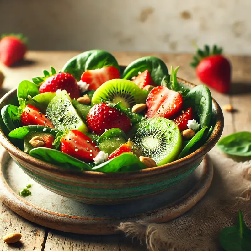 A fresh Kiwi Strawberry Spinach Salad in a rustic bowl, featuring crisp spinach leaves, sliced strawberries, kiwi, nuts, and crumbled feta, drizzled with balsamic dressing.
