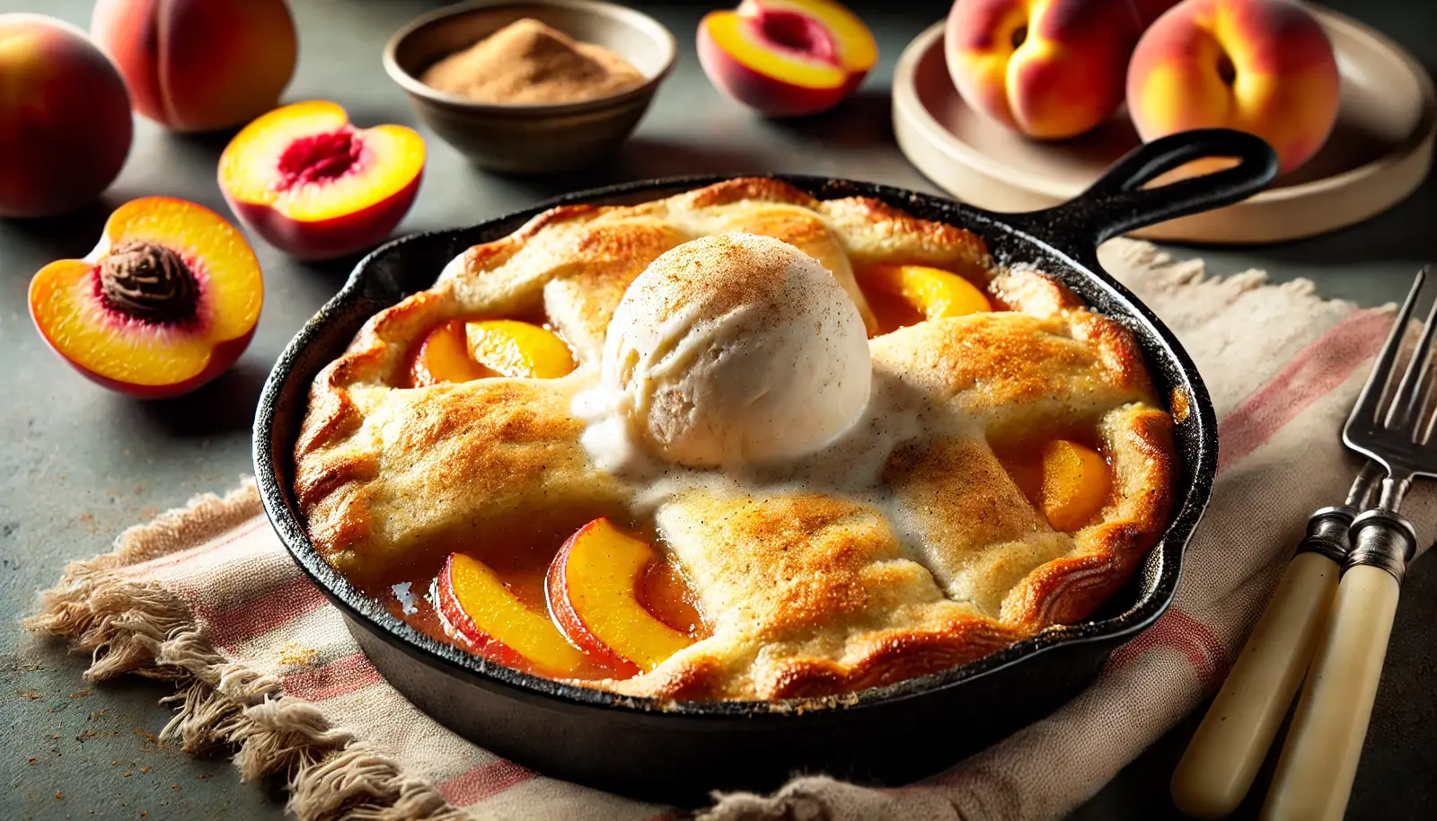 Freshly baked peach cobbler in a cast iron skillet with a golden crust, bubbling peach filling, and a scoop of melting vanilla ice cream on top.