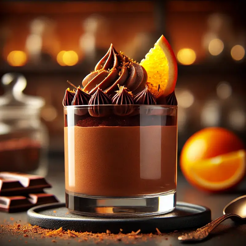 A glass cup filled with velvety orange chocolate mousse, garnished with chocolate shavings and a slice of orange. The dessert sits in a warmly lit kitchen setting, exuding a luxurious feel.