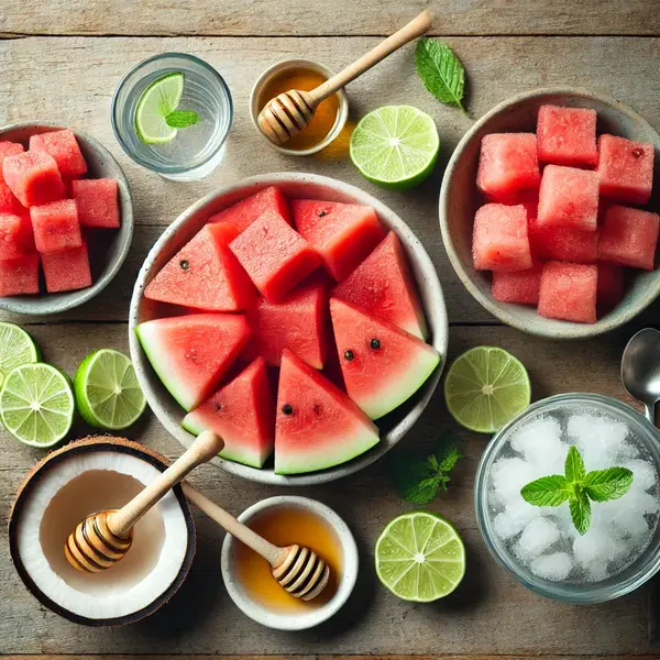 A flat lay of fresh ingredients for homemade watermelon popsicles, including cubed watermelon, lime juice, honey or maple syrup, coconut water, and fresh mint leaves on a rustic wooden surface.