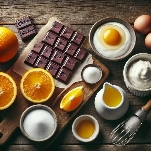 A flat lay of ingredients for orange chocolate mousse, including dark chocolate, egg whites, sugar, heavy cream, vanilla extract, fresh orange zest and juice, and a pinch of salt, arranged on a rustic wooden surface.