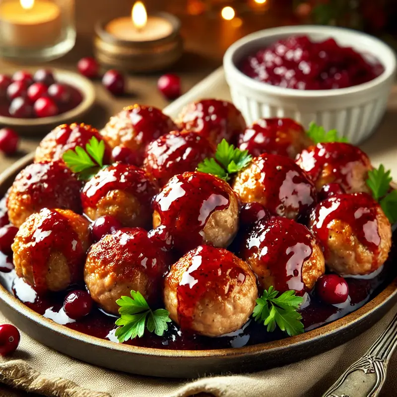 A plate of turkey meatballs glazed with a rich, glossy cranberry sauce, garnished with fresh parsley. The meatballs are arranged on a rustic serving platter with extra cranberry sauce drizzled over them. A small bowl of cranberry sauce sits beside the plate, adding to the warm and festive presentation.