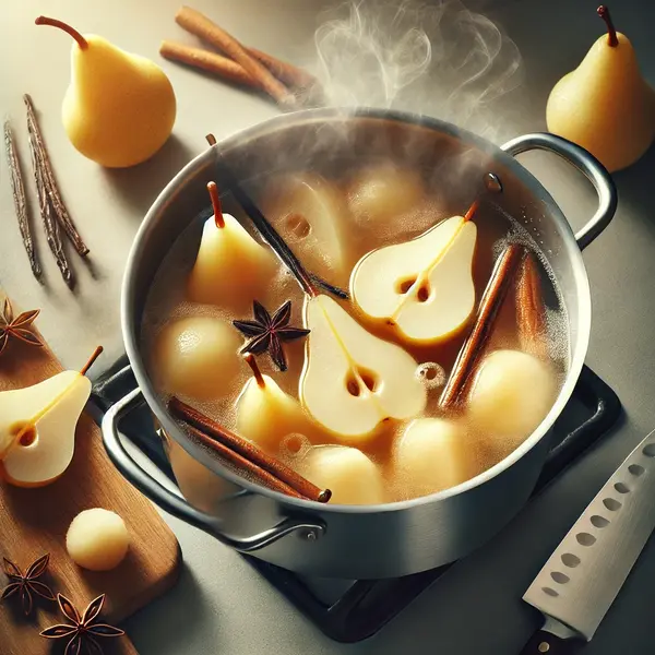 Pears poaching in a saucepan with vanilla bean, cinnamon sticks, sugar, and white wine, with steam rising.