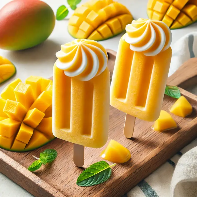 Bright yellow-orange Mango Yogurt Popsicles with creamy swirls, placed on a wooden tray with fresh mango slices and mint leaves in a summery setting.