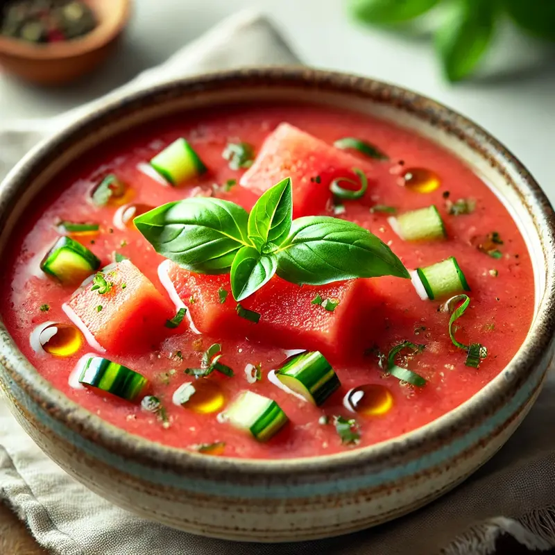A bowl of chilled watermelon gazpacho, garnished with diced cucumber, bell pepper, and fresh basil, with a drizzle of olive oil on top.