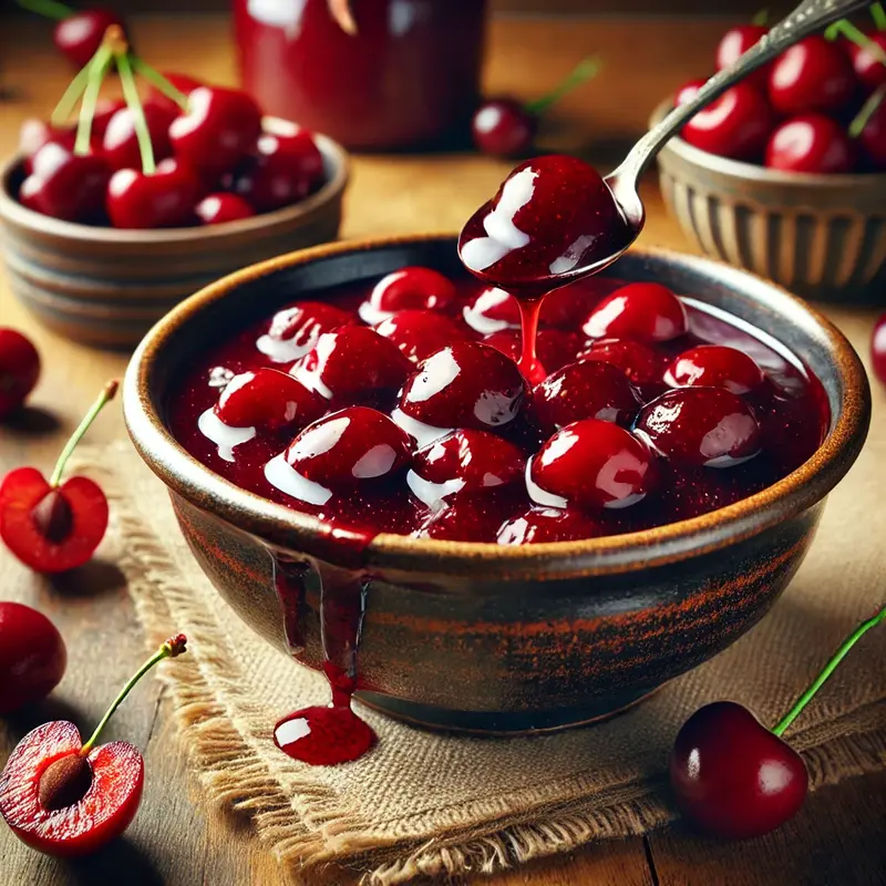 A rich, glossy Cherry Compote in a rustic bowl, with whole and halved cherries, placed on a wooden surface with fresh cherries and a spoon drizzling the compote.
