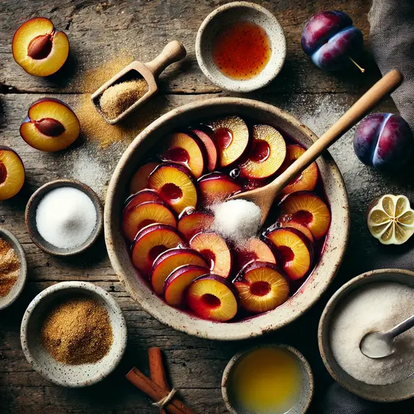 a mixing bowl filled with thinly sliced plums is tossed with sugar, cornstarch, cinnamon, lemon juice, and vanilla extract. A wooden spoon stirs the mixture as the plums release their juices, creating a glossy texture. Small bowls with additional ingredients are arranged on a rustic wooden surface, illuminated by soft natural lighting.