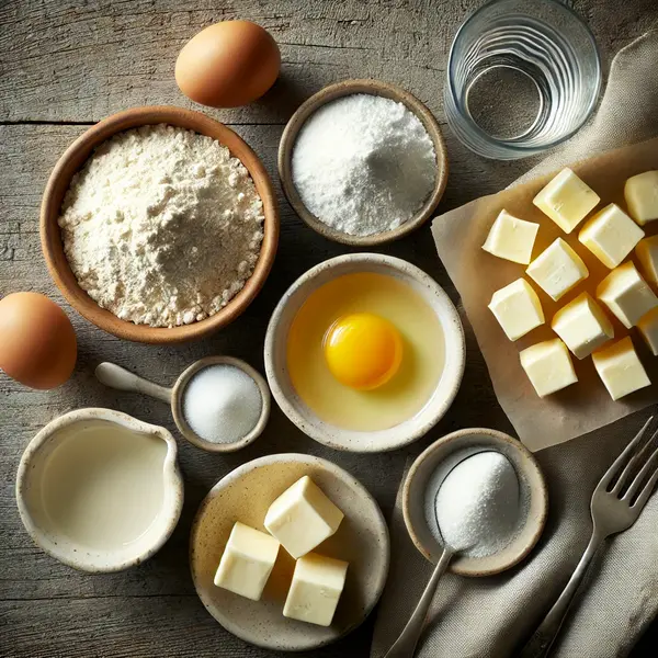 Baking ingredients on a wooden surface: flour, cubed butter, powdered sugar, egg yolk, ice water, and almond extract.