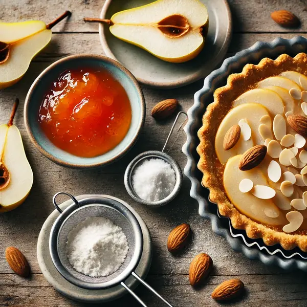 Apricot jam, toasted sliced almonds, and powdered sugar in small bowls on a rustic wooden surface.