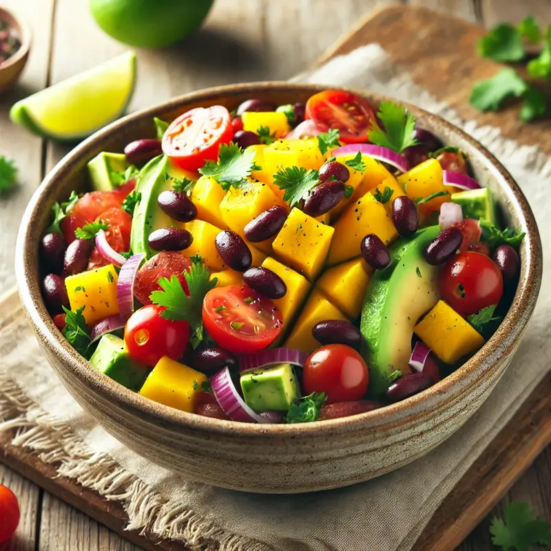 A fresh and colorful mango black bean avocado salad in a rustic bowl, featuring diced mango, black beans, avocado, cherry tomatoes, red onion, and cilantro, garnished with lime.