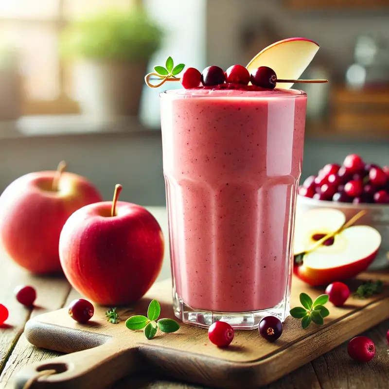 A rich pinkish-red Cranberry Apple Smoothie in a tall glass, garnished with cranberries and apple slices, set in a bright kitchen with natural light.