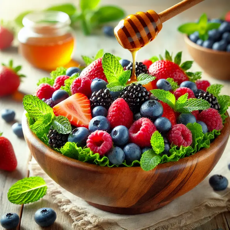Fresh mixed berry and mint salad in a rustic wooden bowl with a drizzle of honey.