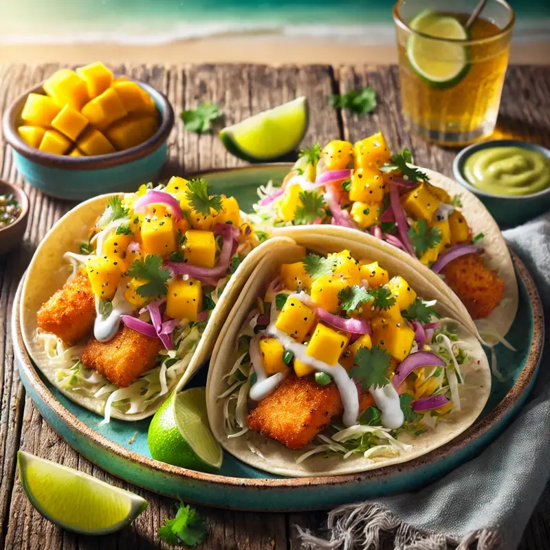 Fish tacos with crispy fillets, mango salsa, and creamy sauce, served with lime wedges and avocado on a rustic wooden table.