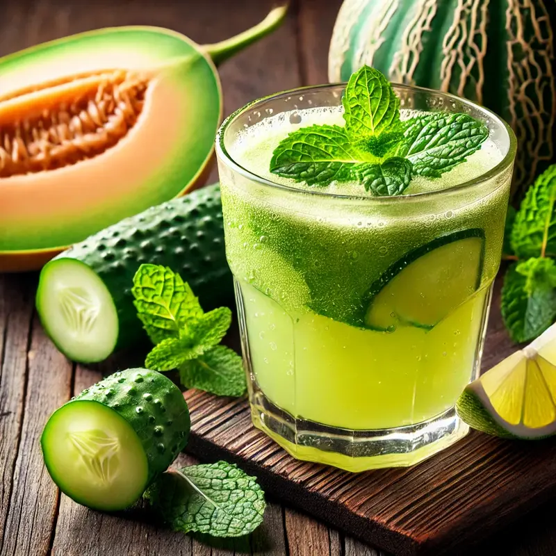 A refreshing glass of cucumber melon juice, garnished with fresh mint leaves and a slice of lime. The vibrant green juice is served in a clear glass with condensation, set against a rustic wooden background. Surrounding the glass are fresh slices of cucumber, honeydew melon, and sprigs of mint, emphasizing the fresh ingredients.