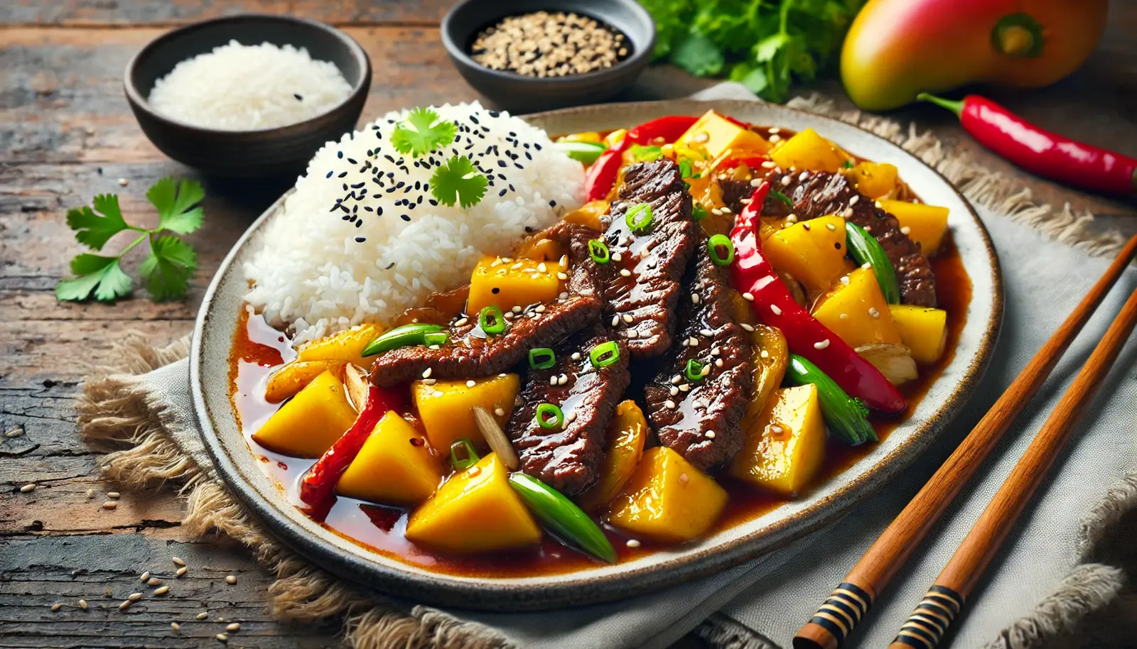 A sizzling plate of Mango Beef Stir-Fry, featuring tender beef slices in a savory-sweet glaze, mixed with yellow mango chunks, red bell peppers, and green onions. Served on a white ceramic plate with steamed rice, garnished with sesame seeds and fresh cilantro.