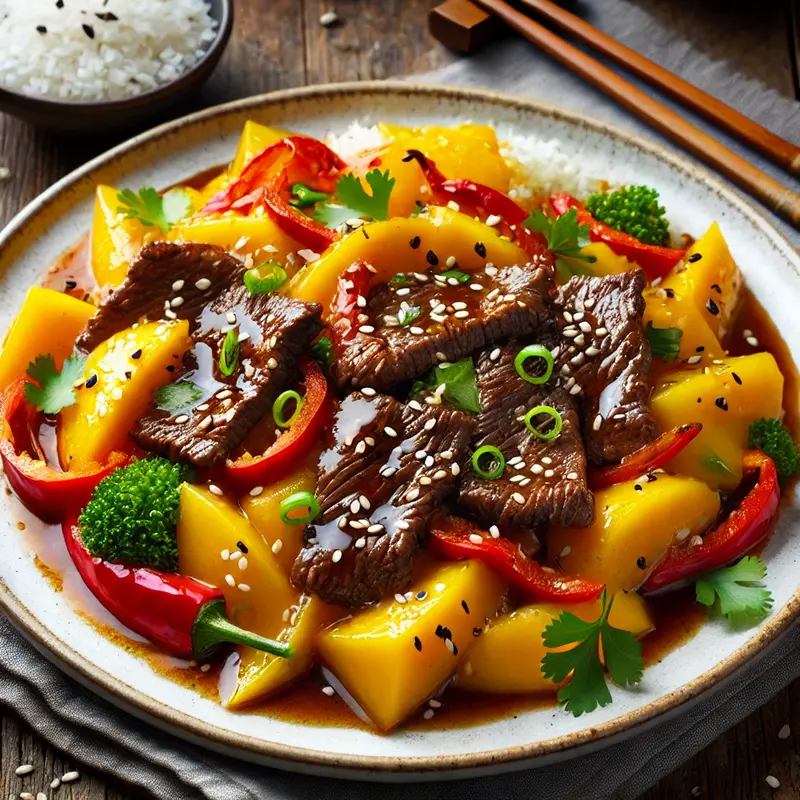 A vibrant plate of Mango Beef Stir-Fry with tender beef slices in a glossy savory-sweet sauce, mixed with ripe mango chunks, red bell peppers, and green onions. Served on a white ceramic plate and garnished with sesame seeds and fresh cilantro.