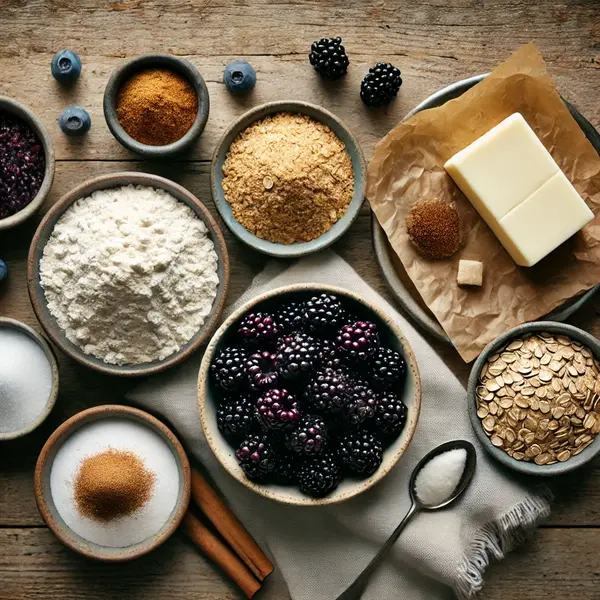A flat lay of blackberry crumble ingredients on a rustic wooden surface, including flour, rolled oats, brown sugar, cinnamon, and cubed butter, arranged neatly for a cozy recipe setup.
