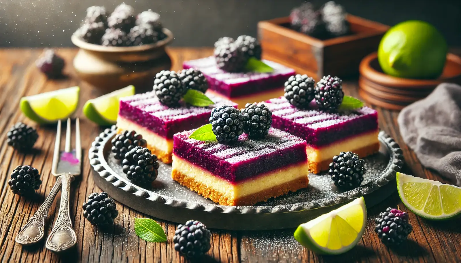 A plate of stacked blackberry lime bars with a buttery crust and rich purple filling, garnished with fresh blackberries and lime wedges on a rustic wooden table, softly lit for a warm, inviting look.