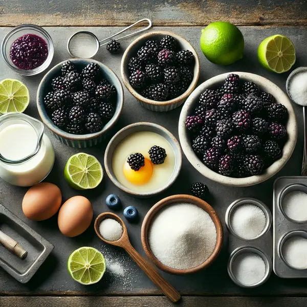 A flat lay of ingredients for blackberry lime bars, including fresh blackberries, eggs, sweetened condensed milk, lime juice, lime zest, granulated sugar, flour, and vanilla extract, arranged on a rustic wooden surface.