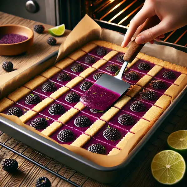 A baking pan with a golden shortbread crust, topped with smooth blackberry lime filling being spread evenly. The bars are baked, cooled, refrigerated, and then sliced into neat portions on a rustic wooden table.