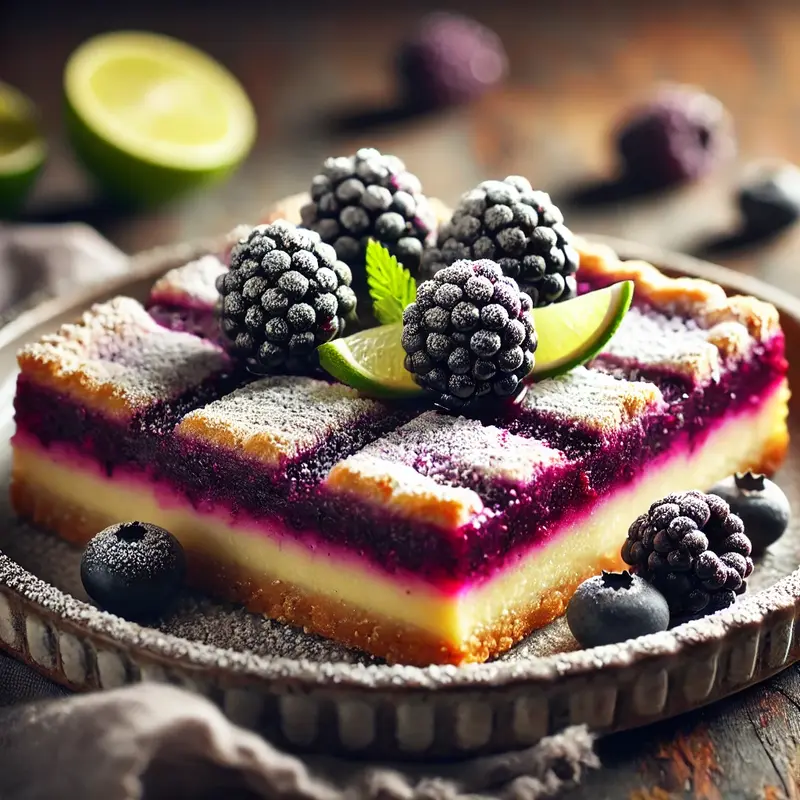 Blackberry lime bars with a buttery crust and vibrant purple filling, dusted with powdered sugar and garnished with fresh blackberries and lime wedges on a rustic wooden table.