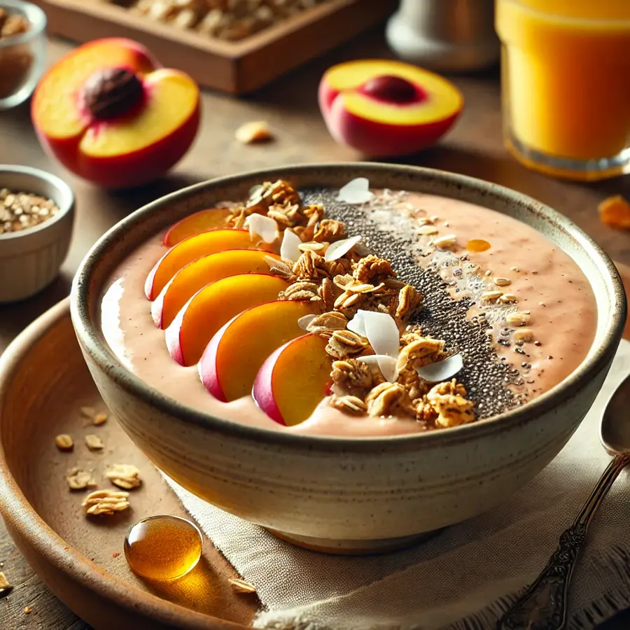 A peach smoothie bowl topped with fresh peach slices, granola, chia seeds, coconut flakes, and a drizzle of honey, served in a ceramic bowl on a cozy breakfast table with natural lighting.