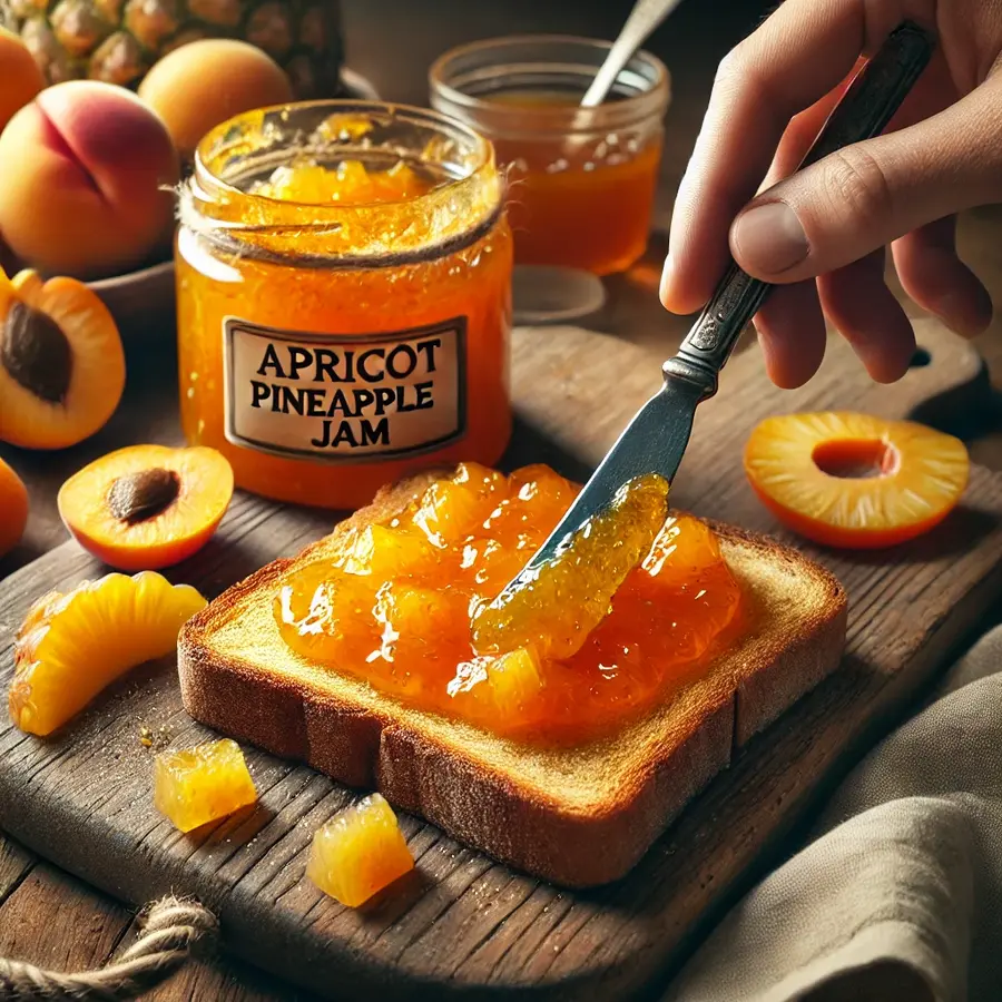 Hand spreading golden apricot pineapple jam on crispy toast, with fresh fruit and a jam jar nearby in a cozy breakfast setting.