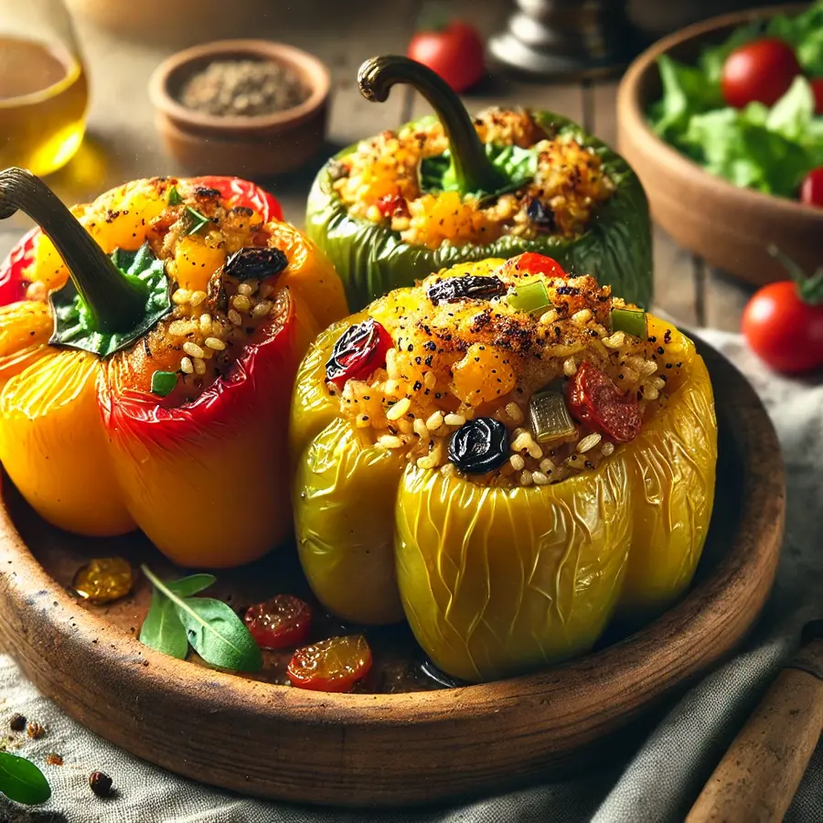 Stuffed bell peppers in red, yellow, and green, filled with rice, sweet raisins, and crunchy nuts, garnished with herbs and served on a rustic plate with salad and sauce.