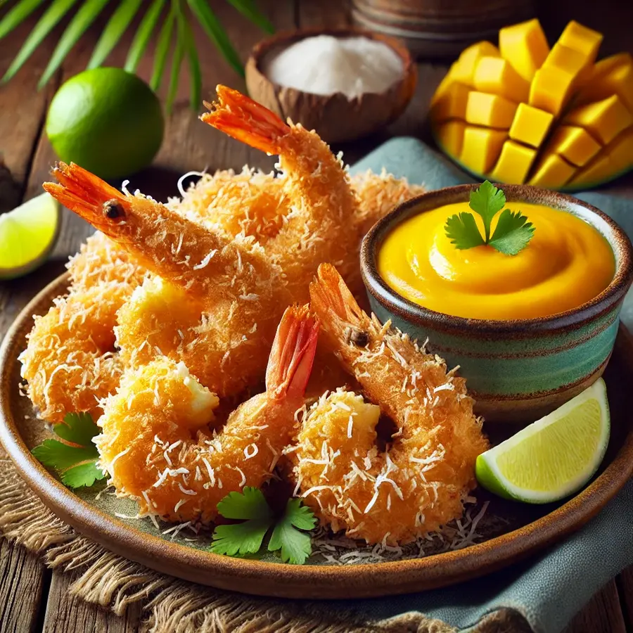 Golden coconut-crusted shrimp on a rustic plate with a bowl of vibrant mango dipping sauce, garnished with fresh cilantro and lime wedges on a wooden table.