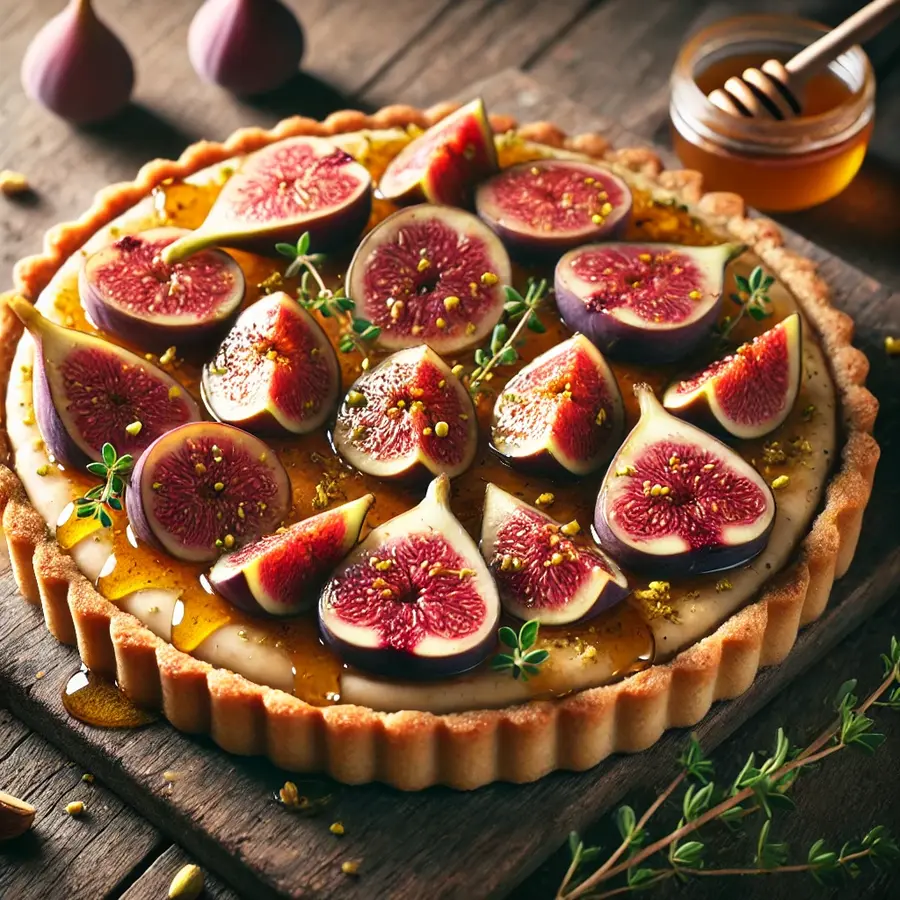 Fig and honey tart with a golden crust, topped with fresh figs, drizzled honey, and crushed pistachios on a rustic wooden table.
