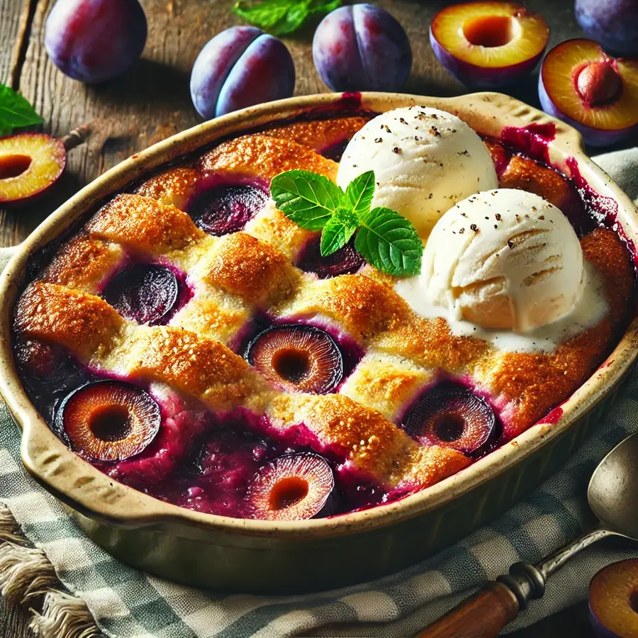 A golden-brown plum cobbler with juicy, bubbling plums, served with melting vanilla ice cream on a rustic wooden table.