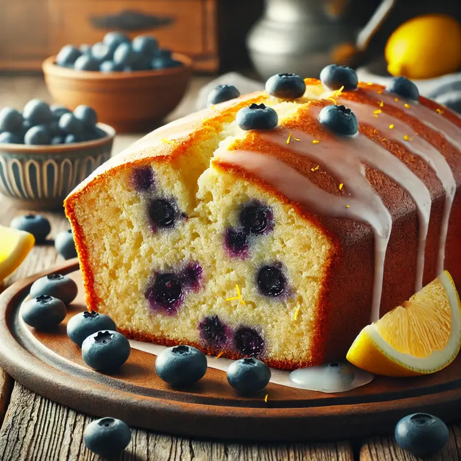 A golden-brown pound cake with juicy blueberries, drizzled with lemon glaze, sliced on a rustic wooden table.