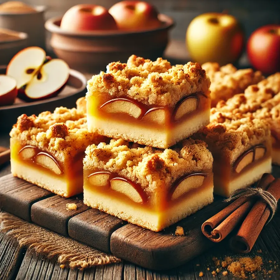 Soft, cinnamon-spiced apple bars with a crispy crumble topping, garnished with apple slices and cinnamon sticks.