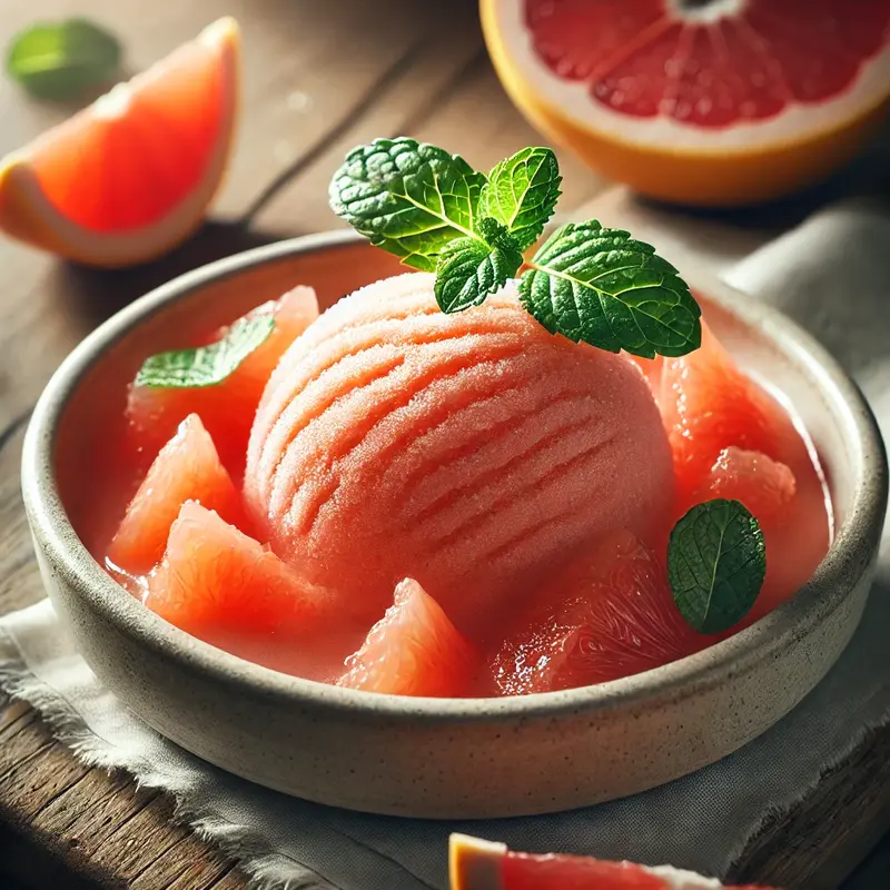 A natural, realistic grapefruit sorbet in a ceramic bowl, garnished with fresh mint and grapefruit slices on a rustic wooden table.