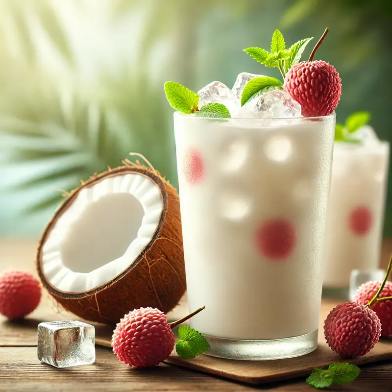 A creamy lychee coconut drink in a tall glass, garnished with fresh lychee, mint, and ice, with coconut and lychee fruits beside it on a wooden surface.