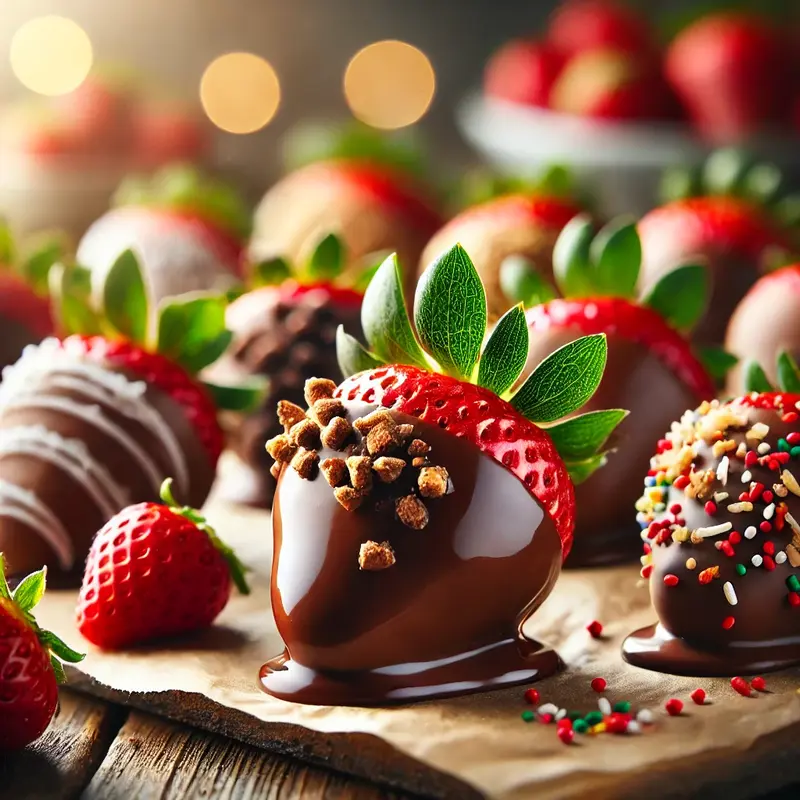 Fresh, juicy strawberries dipped in rich, melted chocolate, elegantly arranged on parchment paper with optional toppings like crushed nuts and sprinkles.