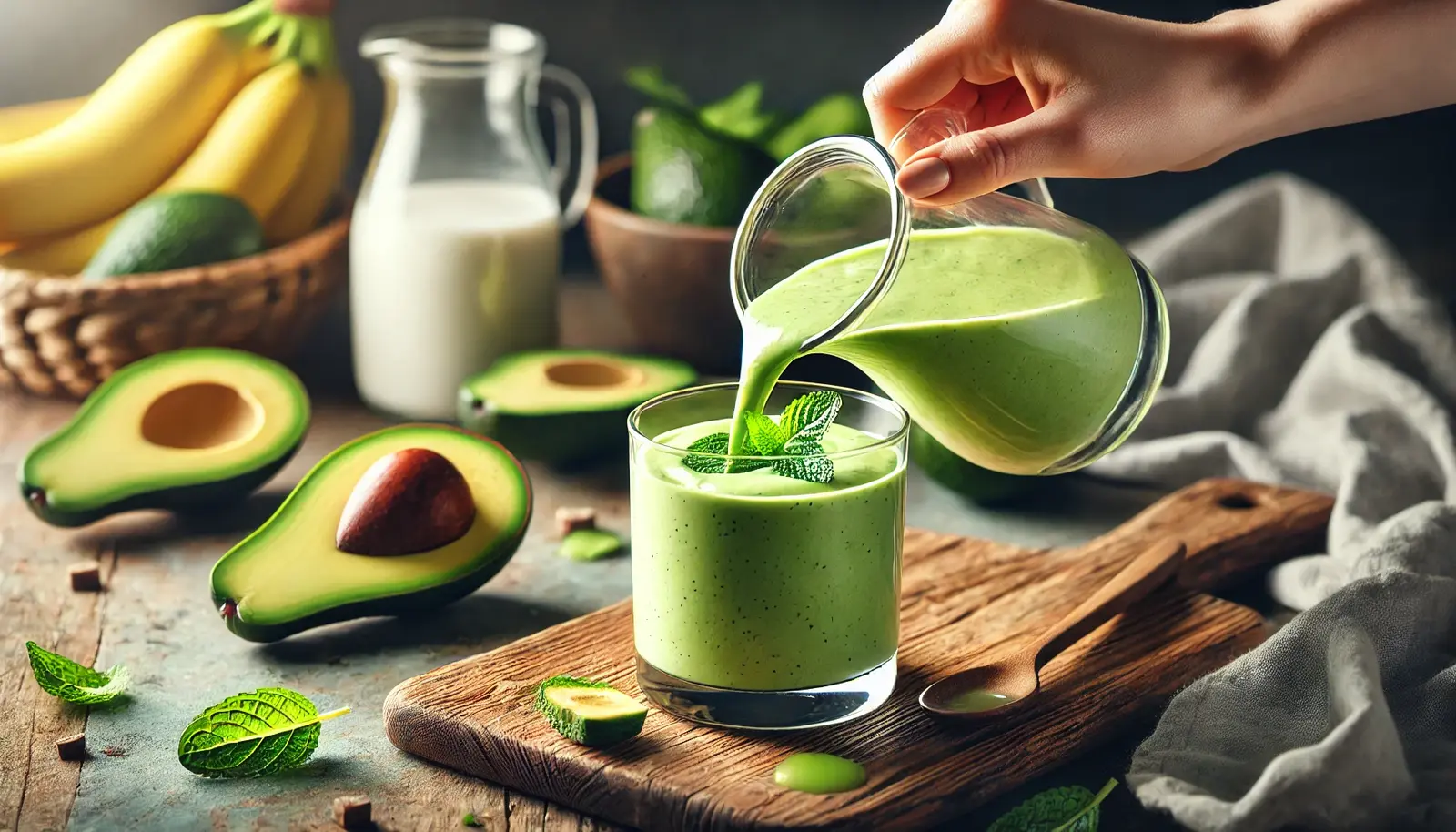 Realistic avocado smoothie being poured into a glass by a female hand, with fresh avocados, bananas, and milk in a cozy kitchen setting – perfect for an Avocado Smoothie Recipe.