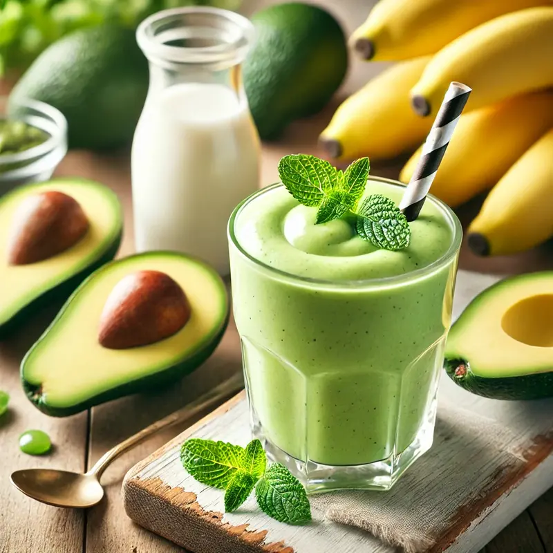 Delicious creamy avocado smoothie in a glass, garnished with mint, with fresh avocados and bananas in the background – perfect Avocado Smoothie Recipe.