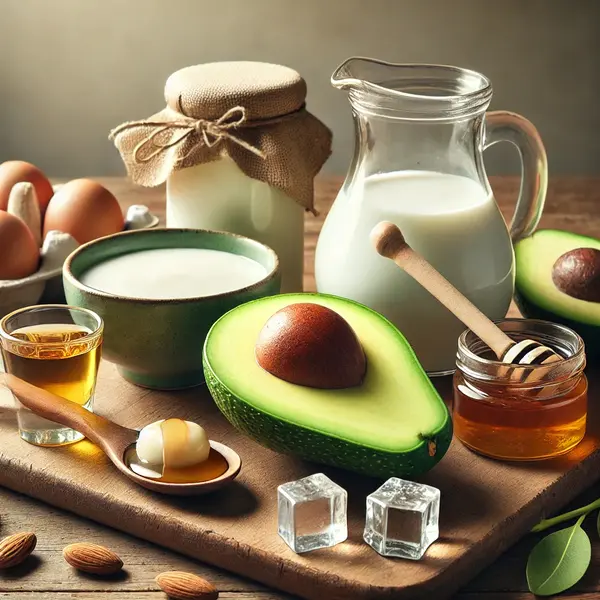 Fresh ingredients for an Avocado Smoothie Recipe, including a ripe avocado, milk (or almond milk), honey (or maple syrup), vanilla extract, and ice cubes, arranged on a wooden kitchen countertop with soft natural lighting.
