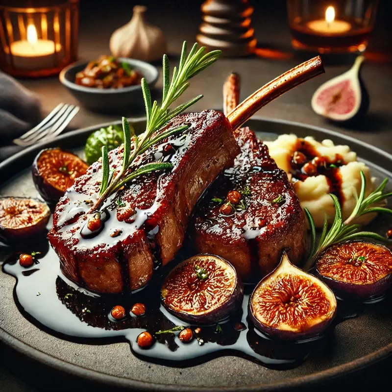 Seared lamb chops with balsamic fig sauce, garnished with rosemary and served with roasted vegetables in a fine dining setting.