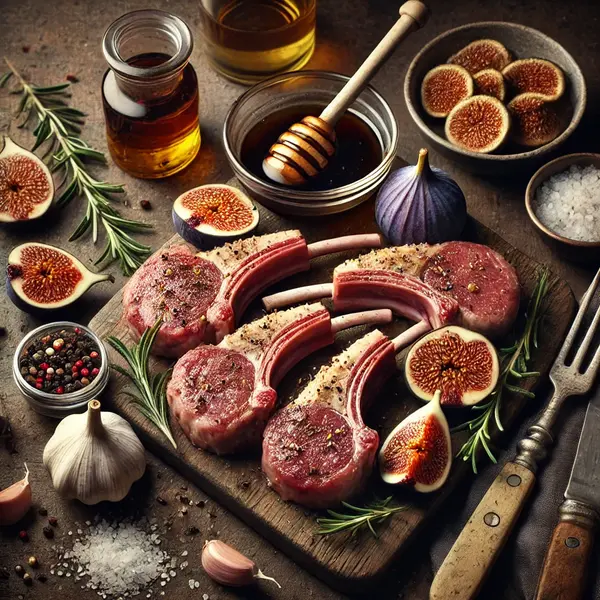 Fresh ingredients for balsamic fig lamb: lamb chops, figs, balsamic vinegar, honey, garlic, rosemary, red wine, olive oil, salt, and pepper on a rustic surface.