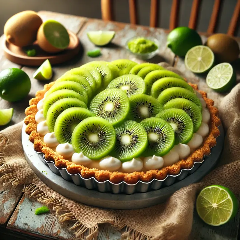 Kiwi Lime Pie with a graham cracker crust, creamy lime filling, and fresh kiwi slices on a rustic wooden table, garnished with limes and zest.