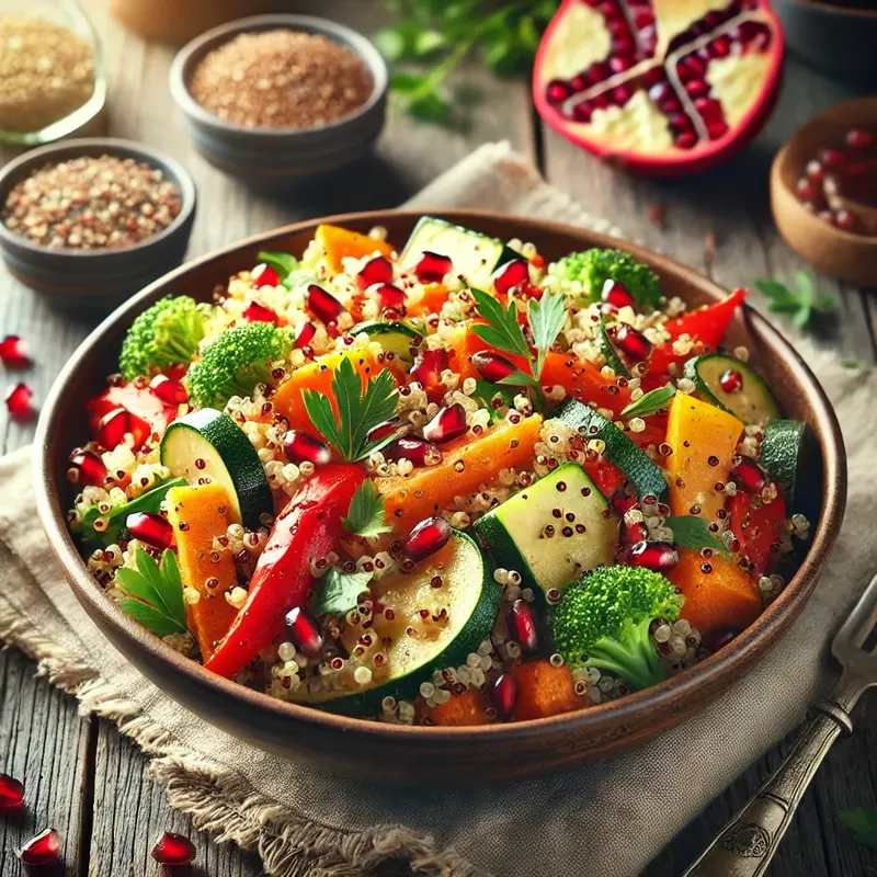 Quinoa Salad with Roasted Vegetables and Pomegranate, garnished with fresh herbs and served in a rustic bowl on a wooden table.