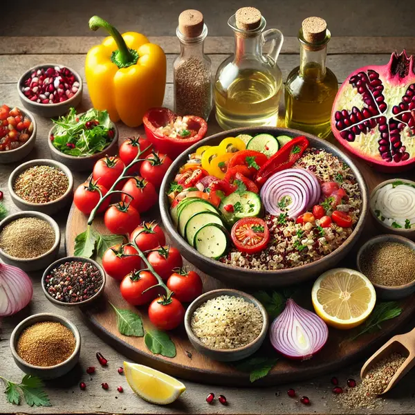 Fresh ingredients for Quinoa Salad with Roasted Vegetables and Pomegranate, including quinoa, cherry tomatoes, bell peppers, red onion, zucchini, pomegranate seeds, parsley, feta, and lemon, arranged on a rustic wooden surface.